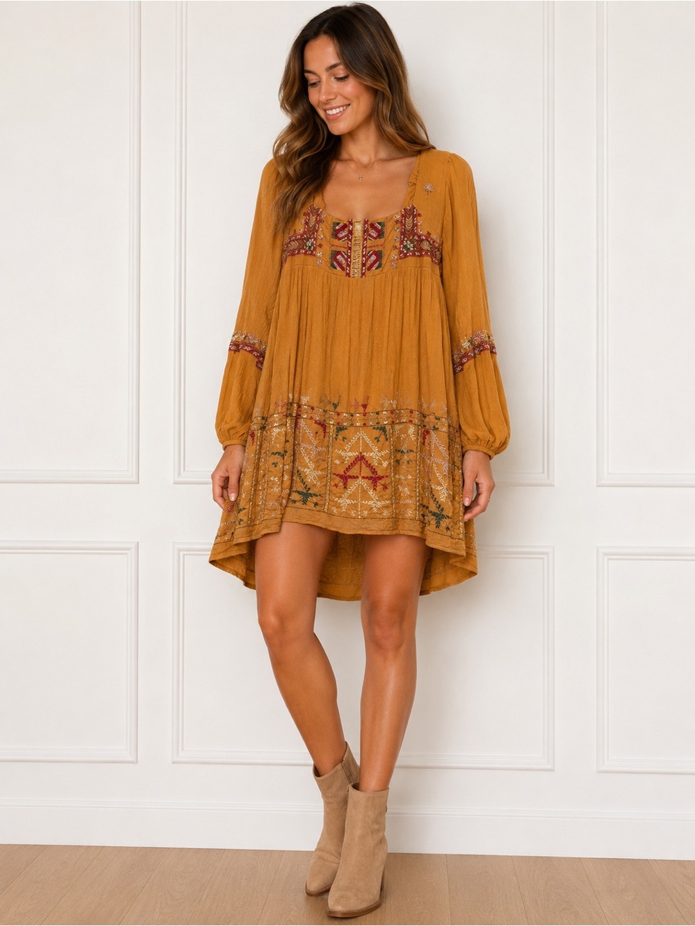 Free People Mustard Embroidered Boho Babydoll Mini Dress Size Small